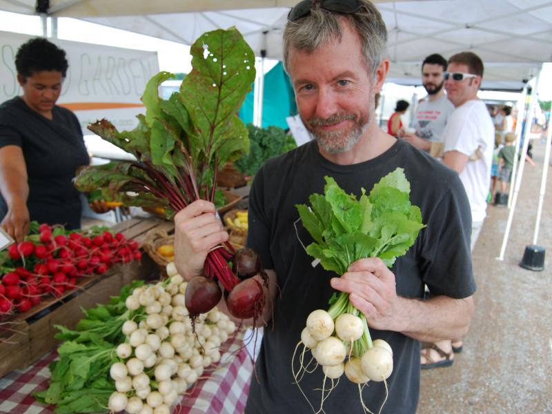 Mike Odette, chef and co-owner of Sycamore Restaurant, finds beets and turnips that will make tasty refrigerator pickles at the Columbia, Mo., farmers market. Mike Odette, chef and co-owner of Sycamore Restaurant, finds beets and turnips that will make tasty refrigerator pickles at the Columbia, Mo., farmers market.