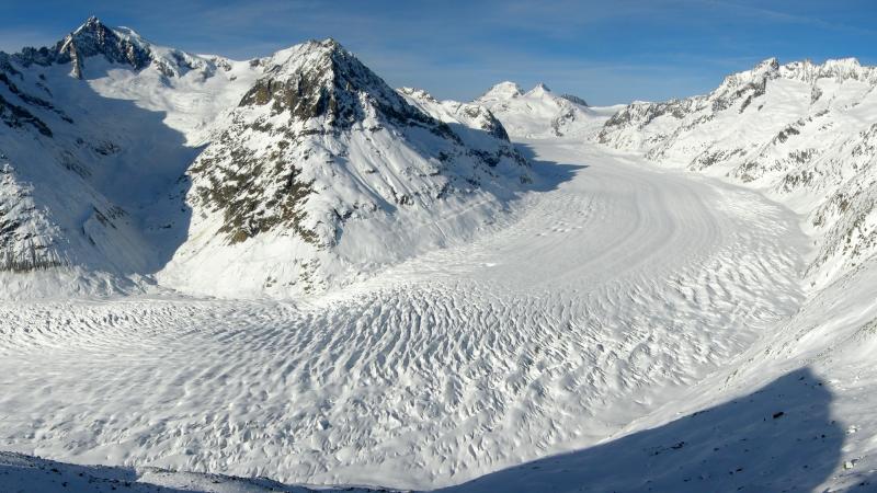 The Alps' largest glacier, Aletsch Glacier, extends more than 14 miles and covers more than 46 square miles. The Alps' largest glacier, Aletsch Glacier, extends more than 14 miles and covers more than 46 square miles.
