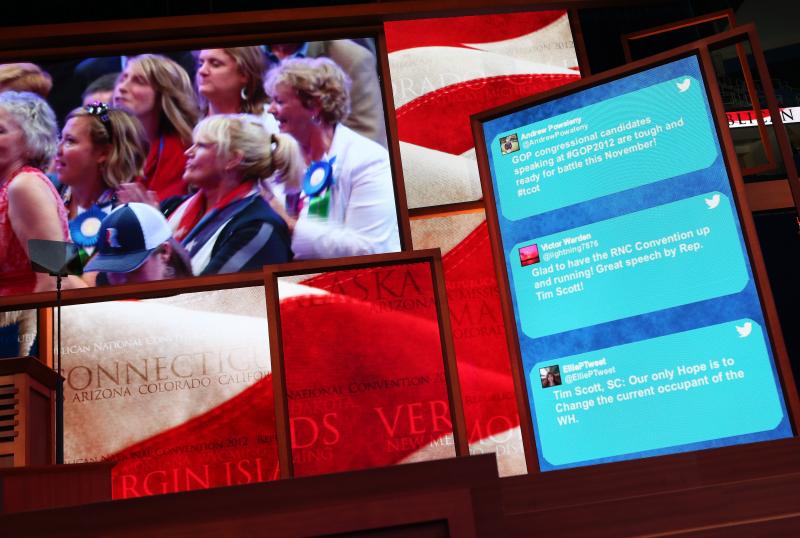Tweets from GOP supporters scroll along the side of a large-screen display at the Republican National Convention in Tampa, Fla., on Aug. 28, 2012. Tweets from GOP supporters scroll along the side of a large-screen display at the Republican National Convention in Tampa, Fla., on Aug. 28, 2012.
