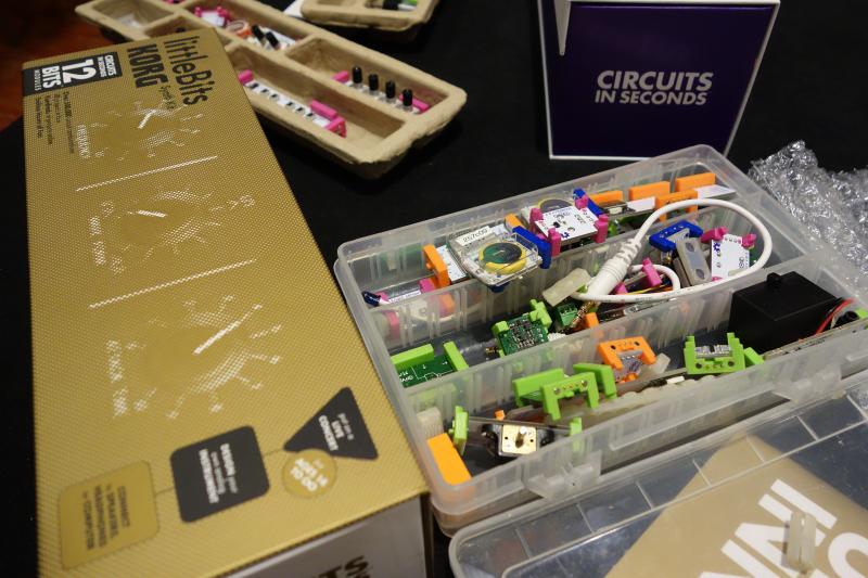 A set of littleBits comes with more than 40 different types of electronic pieces that connect with magnets. A set of littleBits comes with more than 40 different types of electronic pieces that connect with magnets.