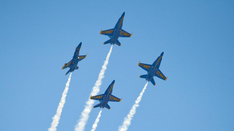 The U.S. Navy's Blue Angels soar over the Florida Keys during a March 23 air show. The group has canceled several air shows in April and May, reportedly owing to budget cuts. The U.S. Navy's Blue Angels soar over the Florida Keys during a March 23 air show. The group has canceled several air shows in April and May, reportedly owing to budget cuts.