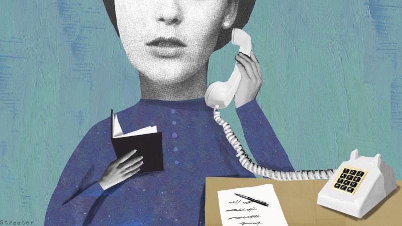 Illustration of a woman picking up a telephone Illustration of a woman picking up a telephone