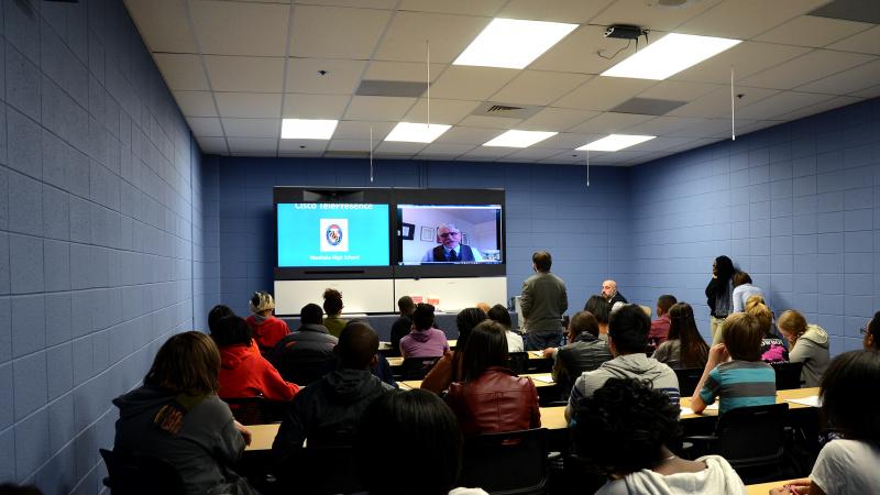 Students at Westlake High School in Waldorf, Md., participate in an interactive digital conversation with historian Kenneth C. Davis about late 19th and early 20th century American history on Thursday. The school uses a state of the art "telepresence cent Students at Westlake High School in Waldorf, Md., participate in an interactive digital conversation with historian Kenneth C. Davis about late 19th and early 20th century American history on Thursday. The school uses a state of the art "telepresence cent