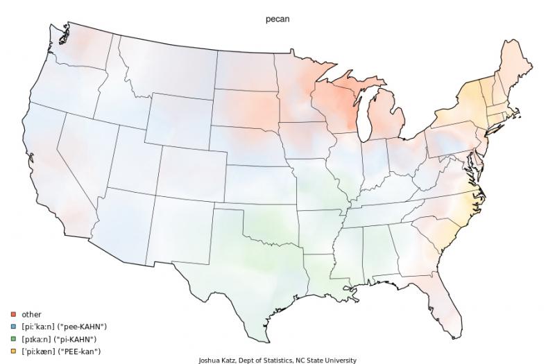 Where In the U.S. do people say pee-kahn over pi-kahn? Joshua Katz answered your burning question by mapping Bert Vaux's dialect survey on regional variations in the continental United States. Where In the U.S. do people say pee-kahn over pi-kahn? Joshua Katz answered your burning question by mapping Bert Vaux's dialect survey on regional variations in the continental United States.