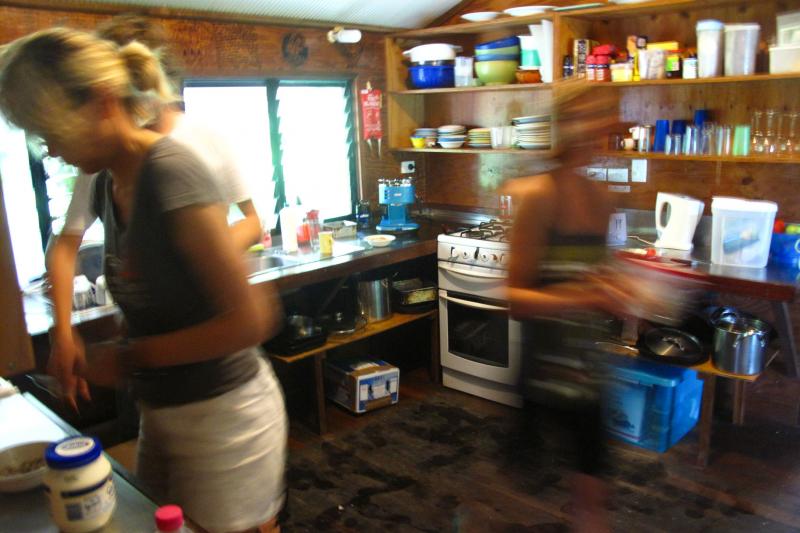 Members of the research team fend for themselves in a communal kitchen (while fending off persistent ants) before heading out for a challenging day on the reef. Members of the research team fend for themselves in a communal kitchen (while fending off persistent ants) before heading out for a challenging day on the reef.