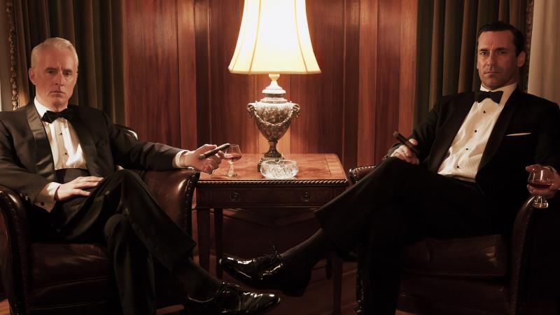 We won't give away any of the details about his personal life, but we can say that the two-hour season premiere of Mad Men shows Don Draper (Jon Hamm, right, with John Slattery's Roger Sterling) as his silver tongue fails him. We won't give away any of the details about his personal life, but we can say that the two-hour season premiere of Mad Men shows Don Draper (Jon Hamm, right, with John Slattery's Roger Sterling) as his silver tongue fails him.