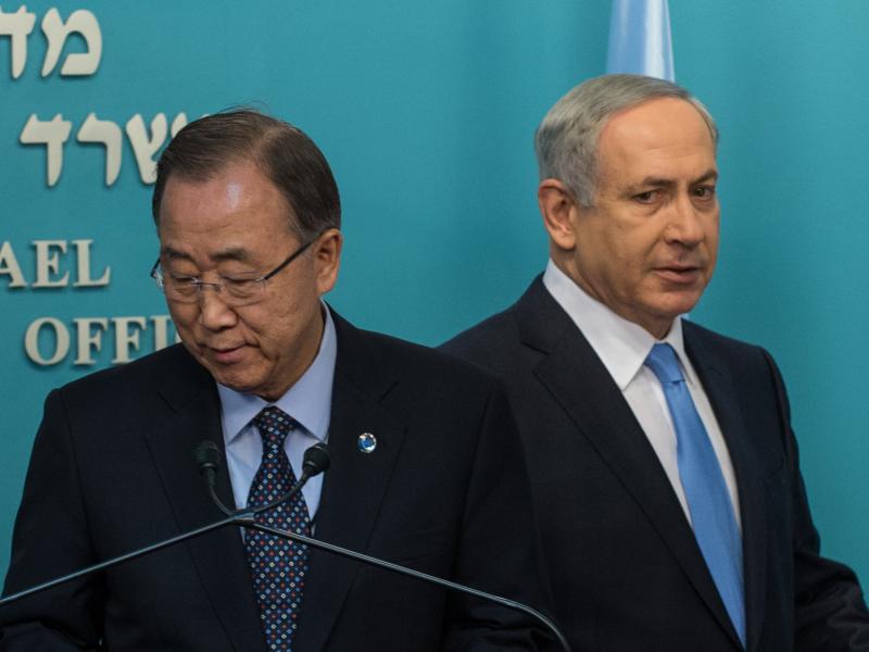 UN Secretary General Ban Ki-Moon (left) and Israeli Prime Minister Benjamin Netanyahu at a news conference at the prime minister's office in Jerusalem on Tuesday. UN Secretary General Ban Ki-Moon (left) and Israeli Prime Minister Benjamin Netanyahu at a news conference at the prime minister's office in Jerusalem on Tuesday.