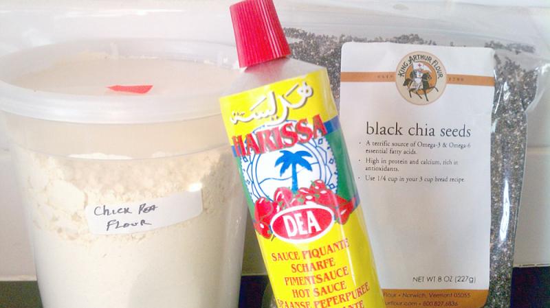 A kitchen renovation revealed some unusual items Laurel Ruma had picked up while traveling: chickpea flour, harissa and chia seeds. A kitchen renovation revealed some unusual items Laurel Ruma had picked up while traveling: chickpea flour, harissa and chia seeds.