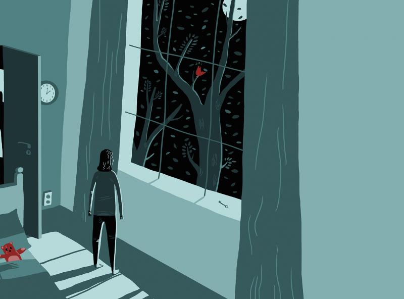 Illustration of woman looking out the window at a nighttime sky at 2 a.m.
