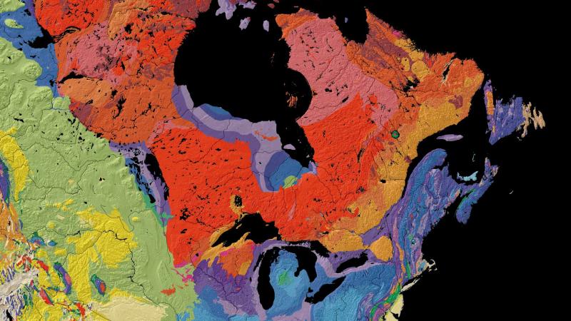 This map, from the United States Geological Survey, shows the age of bedrock in different regions of North America. Scientists found ancient water in bedrock north of Lake Superior. This region, colored red, was formed more than 2.5 billion years ago. This map, from the United States Geological Survey, shows the age of bedrock in different regions of North America. Scientists found ancient water in bedrock north of Lake Superior. This region, colored red, was formed more than 2.5 billion years ago.