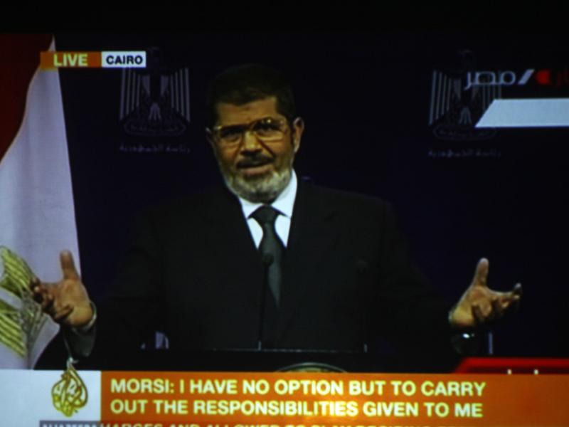 In an image from a video broadcast on Egyptian state TV, President Mohammed Morsi addresses the nation on July 2 — his final speech before the military deposed him. In an image from a video broadcast on Egyptian state TV, President Mohammed Morsi addresses the nation on July 2 — his final speech before the military deposed him.
