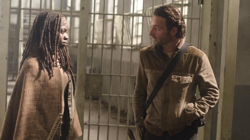 Michonne (Danai Gurira) and Rick (Andrew Lincoln), in between curses on AMC's The Walking Dead. Michonne (Danai Gurira) and Rick (Andrew Lincoln), in between curses on AMC's The Walking Dead.