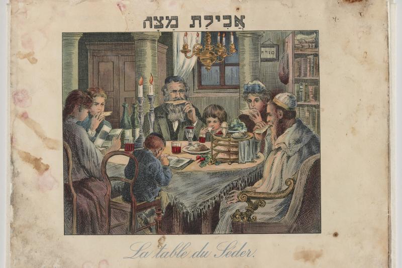 This colorfully illustrated French and Hebrew Passover Haggadah was published in Vienna in 1930. Caption on the image: "Eating Matzah." This restored document is part of an exhibit at the National Archives in Washington, D.C., that opens Nov. 8. This colorfully illustrated French and Hebrew Passover Haggadah was published in Vienna in 1930. Caption on the image: "Eating Matzah." This restored document is part of an exhibit at the National Archives in Washington, D.C., that opens Nov. 8.