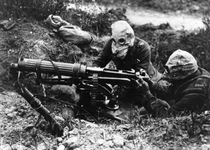 Soldiers with the British Machine Gun Corps wear gas masks in 1916 during World War I's first Battle of the Somme. Soldiers with the British Machine Gun Corps wear gas masks in 1916 during World War I's first Battle of the Somme.