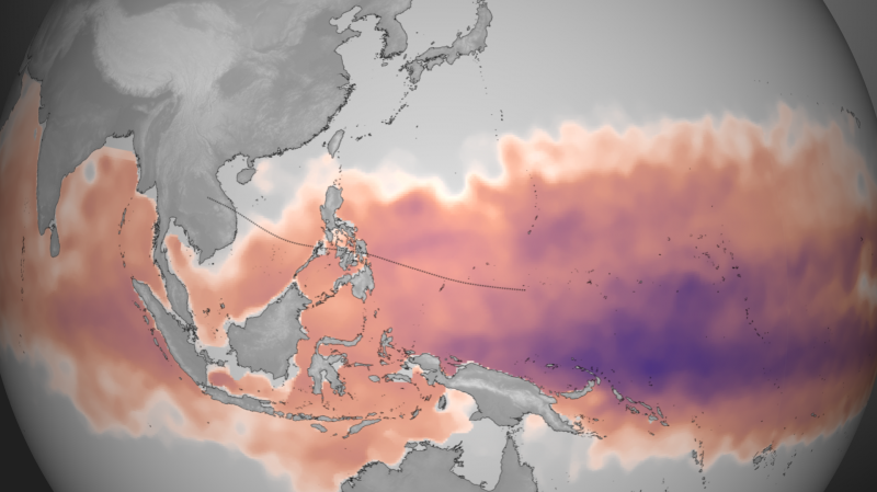This map from the NOAA Environmental Visualization Laboratory shows the amount of heat energy available to Typhoon Haiyan between Oct. 28 and Nov. 3. Darker purple indicates more available energy. Typhoons gain their strength by drawing heat out of the oc This map from the NOAA Environmental Visualization Laboratory shows the amount of heat energy available to Typhoon Haiyan between Oct. 28 and Nov. 3. Darker purple indicates more available energy. Typhoons gain their strength by drawing heat out of the oc