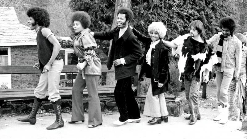 Sly & The Family Stone in Croton-on-Hudson, N.Y., in 1968. Left to right: Sly Stone, Cynthia Robinson, Freddie Stone, Rose Stone, Jerry Martini, Larry Graham. Sly & The Family Stone in Croton-on-Hudson, N.Y., in 1968. Left to right: Sly Stone, Cynthia Robinson, Freddie Stone, Rose Stone, Jerry Martini, Larry Graham.