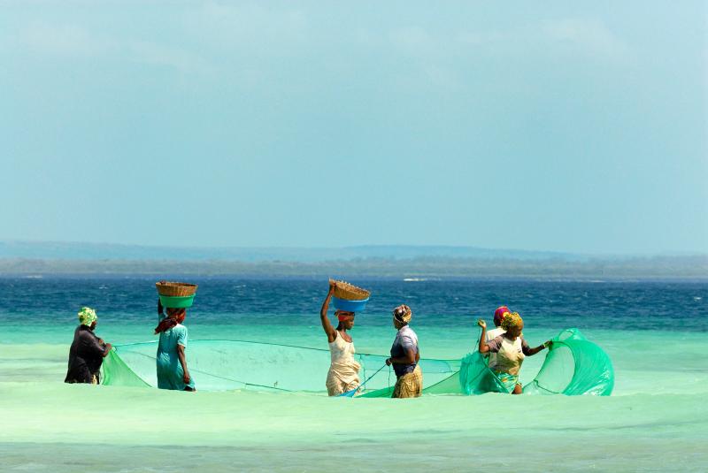 Women from a traditional sea-harvesting community fish in Mozambique. Women from a traditional sea-harvesting community fish in Mozambique.