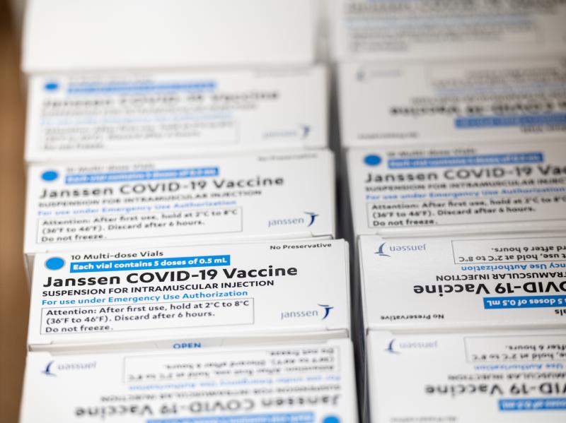 Boxes containing vials of the Janssen COVID-19 vaccine sit in a container before being transported to a refrigeration unit at Louisville Metro Health and Wellness headquarters on March 4 in Louisville, Ky. The FDA approved the third COVID-19 vaccine on Fe Boxes containing vials of the Janssen COVID-19 vaccine sit in a container before being transported to a refrigeration unit at Louisville Metro Health and Wellness headquarters on March 4 in Louisville, Ky. The FDA approved the third COVID-19 vaccine on Fe