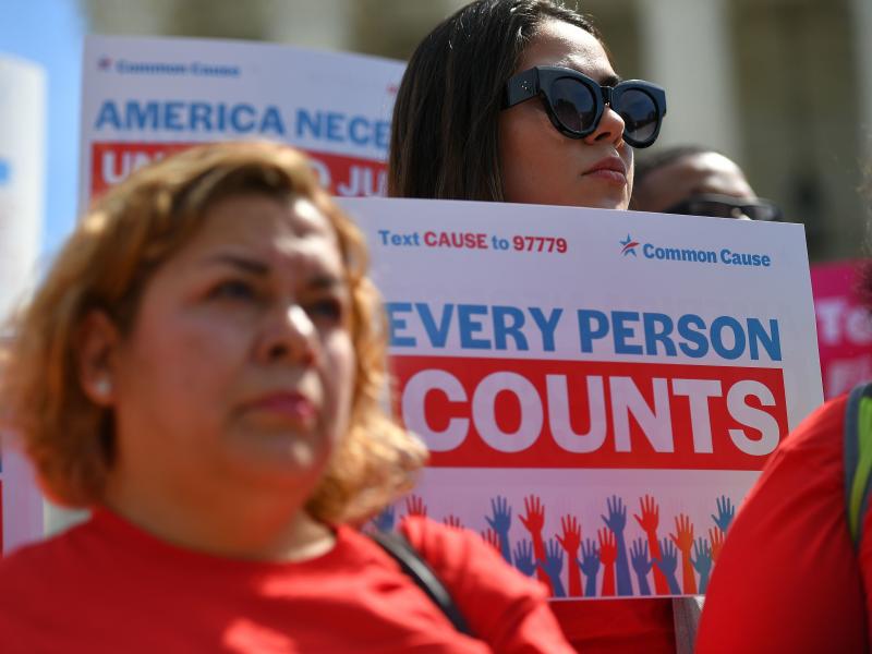 Demonstrators rally in Washington, D.C., in April 2019 against the now-blocked citizenship question that the Trump administration tried and failed to get on the 2020 census forms. Demonstrators rally in Washington, D.C., in April 2019 against the now-blocked citizenship question that the Trump administration tried and failed to get on the 2020 census forms.