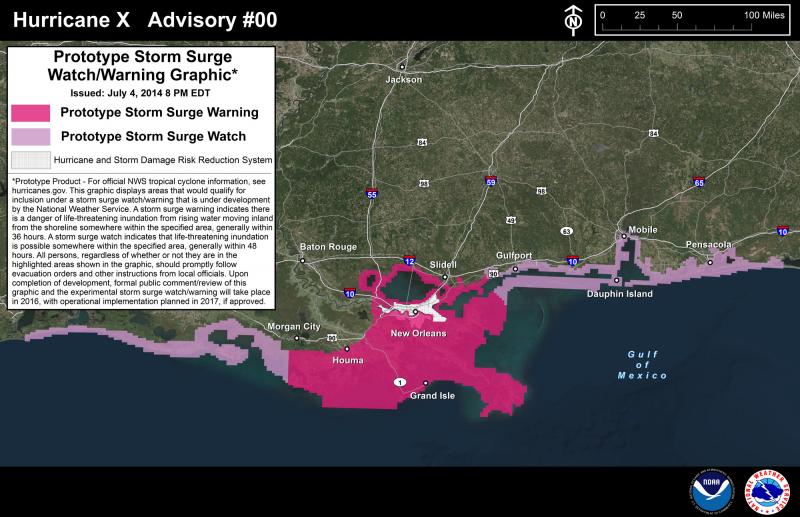 The National Hurricane Center introduced a new storm surge forecast map this year. This map, centered on New Orleans, is a prototype. The National Hurricane Center introduced a new storm surge forecast map this year. This map, centered on New Orleans, is a prototype.