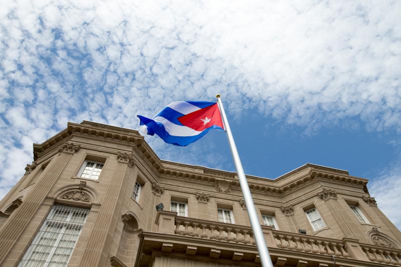 The Cuban flag is raised over their new embassy in Washington, on Monday. Cuba's blue, red and white-starred flag was hoisted Monday at the country's embassy in Washington in a symbolic move signaling the start of a new, post-Cold War era in U.S.-Cuba rel The Cuban flag is raised over their new embassy in Washington, on Monday. Cuba's blue, red and white-starred flag was hoisted Monday at the country's embassy in Washington in a symbolic move signaling the start of a new, post-Cold War era in U.S.-Cuba rel