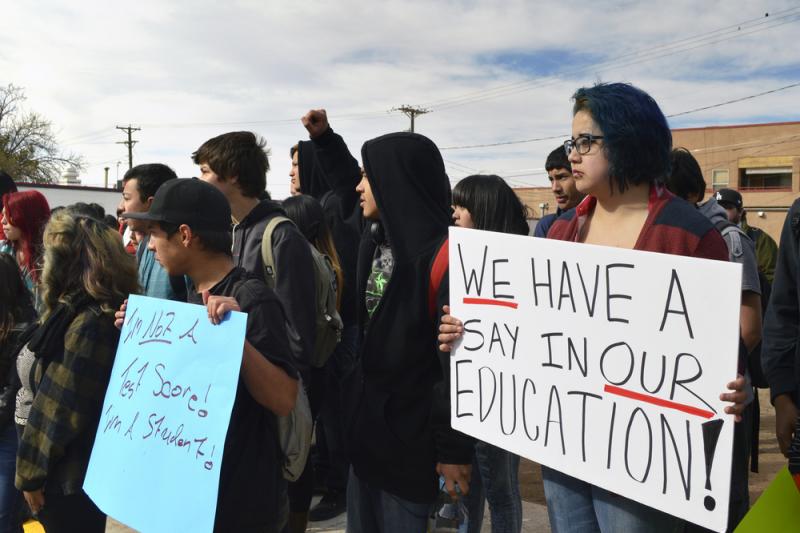 New Mexico: Dolores Ramos (right), 16, joins dozens of Highland High School students in Albuquerque, N.M., during a walkout to protest a new standardized test. New Mexico: Dolores Ramos (right), 16, joins dozens of Highland High School students in Albuquerque, N.M., during a walkout to protest a new standardized test.