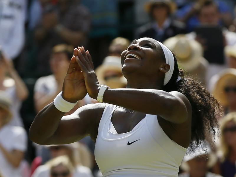 Serena Williams wins the singles match against Garbine Muguruza of Spain after the women's singles final at the All England Lawn Tennis Championships in Wimbledon, London, on Saturday. Williams won 6-4, 6-4. Serena Williams wins the singles match against Garbine Muguruza of Spain after the women's singles final at the All England Lawn Tennis Championships in Wimbledon, London, on Saturday. Williams won 6-4, 6-4.