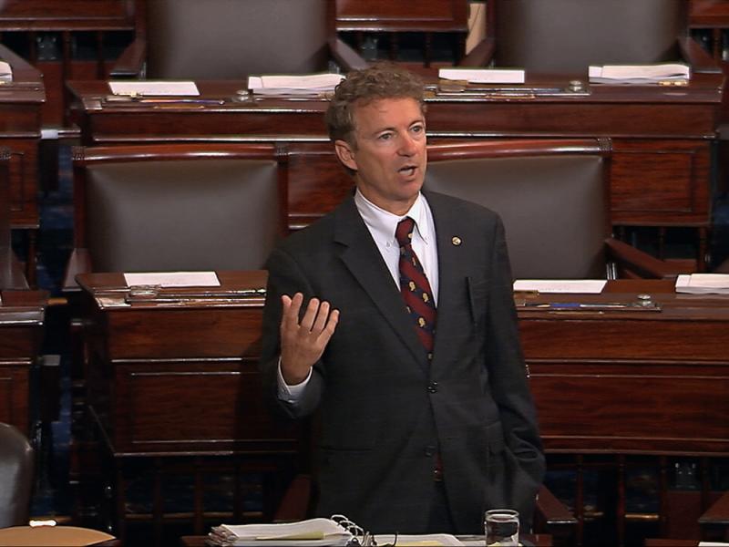 In an image from Senate video, presidential candidate Sen. Rand Paul speaks on the floor of the U.S. Senate Wednesday afternoon at the start of an almost 11-hour speech opposing renewal of the Patriot Act. In an image from Senate video, presidential candidate Sen. Rand Paul speaks on the floor of the U.S. Senate Wednesday afternoon at the start of an almost 11-hour speech opposing renewal of the Patriot Act.
