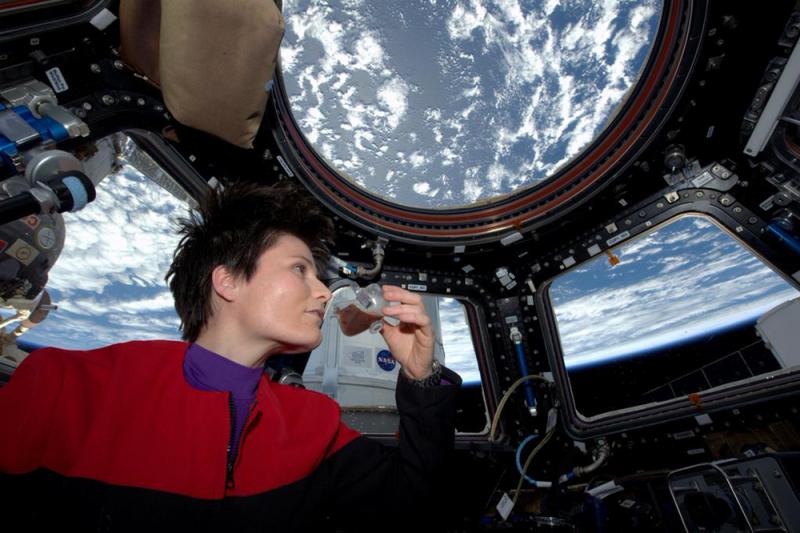 In this photo posted on Twitter on Sunday, and provided by NASA, Italian astronaut Samantha Cristoforetti sips espresso from a cup designed for use in zero gravity, on the International Space Station. In this photo posted on Twitter on Sunday, and provided by NASA, Italian astronaut Samantha Cristoforetti sips espresso from a cup designed for use in zero gravity, on the International Space Station.
