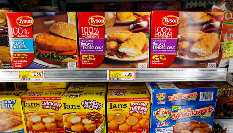 Tyson Foods says it has already reduced its use of human-use antibiotics by 80 percent over the past four years. Here, Tyson frozen chicken on display at Piazza's market in Palo Alto, Calif., in 2010. Tyson Foods says it has already reduced its use of human-use antibiotics by 80 percent over the past four years. Here, Tyson frozen chicken on display at Piazza's market in Palo Alto, Calif., in 2010.