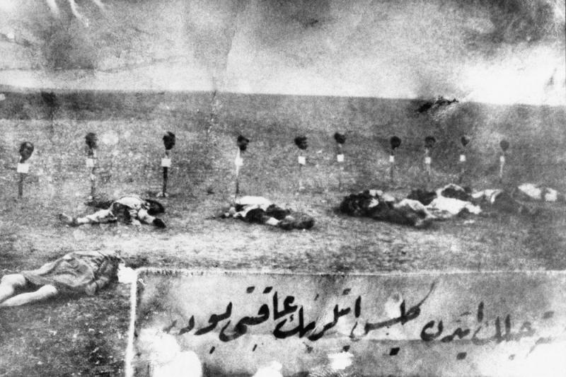 Armenians were massacred by forces of the Ottoman Empire in 1915. In this instance, the heads of the victims were placed on stakes. Armenians were massacred by forces of the Ottoman Empire in 1915. In this instance, the heads of the victims were placed on stakes.