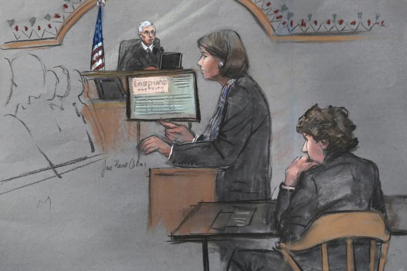 In this courtroom sketch, defense attorney Judy Clarke is depicted addressing the jury as defendant Dzhokhar Tsarnaev sits during closing arguments in his federal death penalty trial on Monday. In this courtroom sketch, defense attorney Judy Clarke is depicted addressing the jury as defendant Dzhokhar Tsarnaev sits during closing arguments in his federal death penalty trial on Monday.