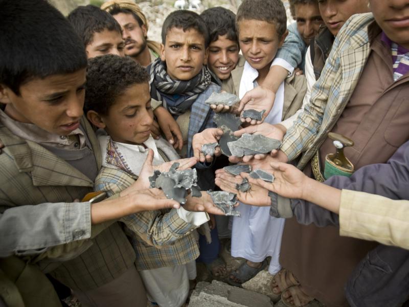 Yemeni boys display shrapnel they collected from the rubble of houses destroyed by Saudi-led airstrikes in a village near Sanaa, Yemen, on Saturday. Yemeni boys display shrapnel they collected from the rubble of houses destroyed by Saudi-led airstrikes in a village near Sanaa, Yemen, on Saturday.