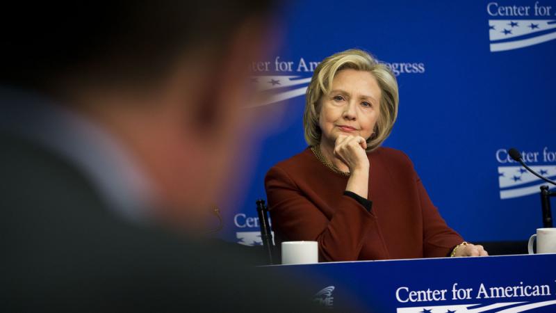 Hillary Clinton listens to another panelist during an event at the Center for American Progress, a left-leaning think tank. Hillary Clinton listens to another panelist during an event at the Center for American Progress, a left-leaning think tank.