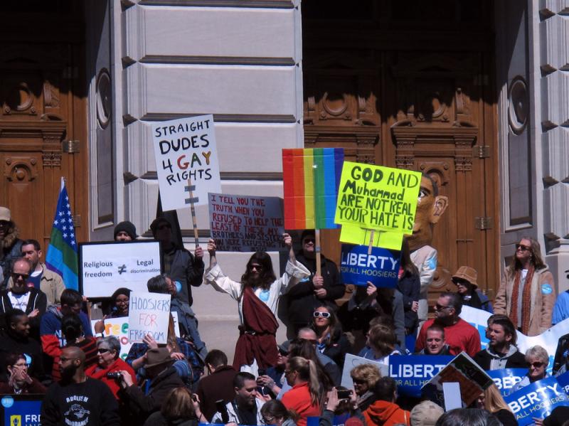 Some of the hundreds of people who gathered outside the Indiana Statehouse on Saturday, for a rally against legislation signed Thursday by Gov. Mike Pence. Some of the hundreds of people who gathered outside the Indiana Statehouse on Saturday, for a rally against legislation signed Thursday by Gov. Mike Pence.