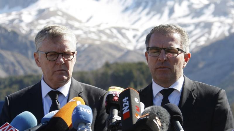 Germanwings CEO Thomas Winkelmann (left) and Lufthansa CEO Carsten Spohr visited the site of the Germanwings jet crash in Le Vernet, France, on Wednesday. Germanwings CEO Thomas Winkelmann (left) and Lufthansa CEO Carsten Spohr visited the site of the Germanwings jet crash in Le Vernet, France, on Wednesday.