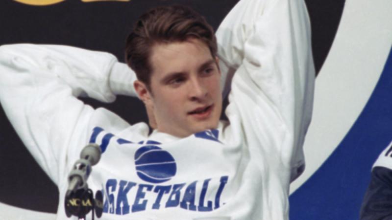 Duke's Christian Laettner stretches during a news conference in Indianapolis in March 1991. Duke's Christian Laettner stretches during a news conference in Indianapolis in March 1991.