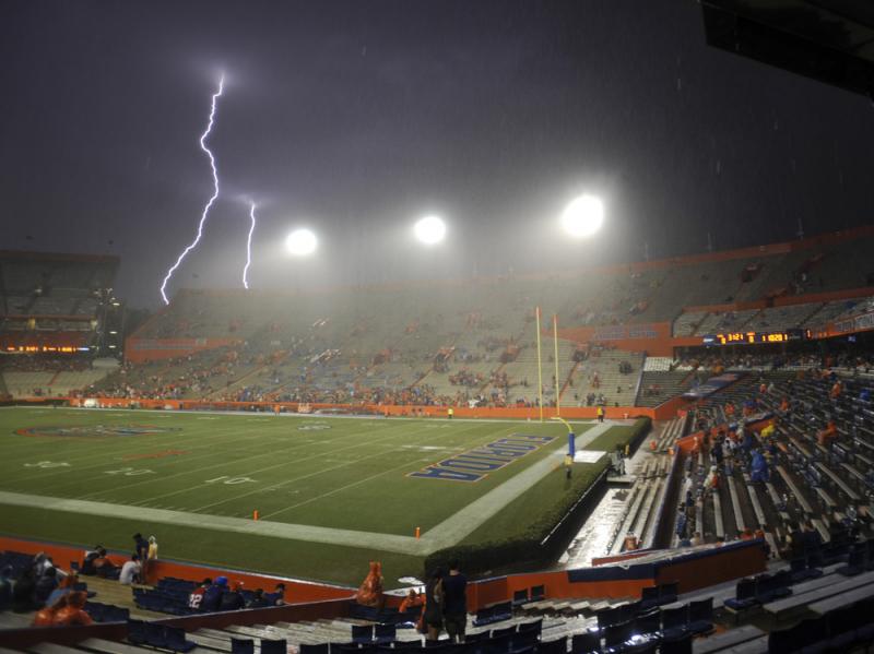 Lightning strikes near Ben Hill Griffin Stadium at Florida Field in Gainesville, Fla., in August. A new study says a rise in average global temperatures due to climate change will increase the frequency of lightning strikes. Lightning strikes near Ben Hill Griffin Stadium at Florida Field in Gainesville, Fla., in August. A new study says a rise in average global temperatures due to climate change will increase the frequency of lightning strikes.