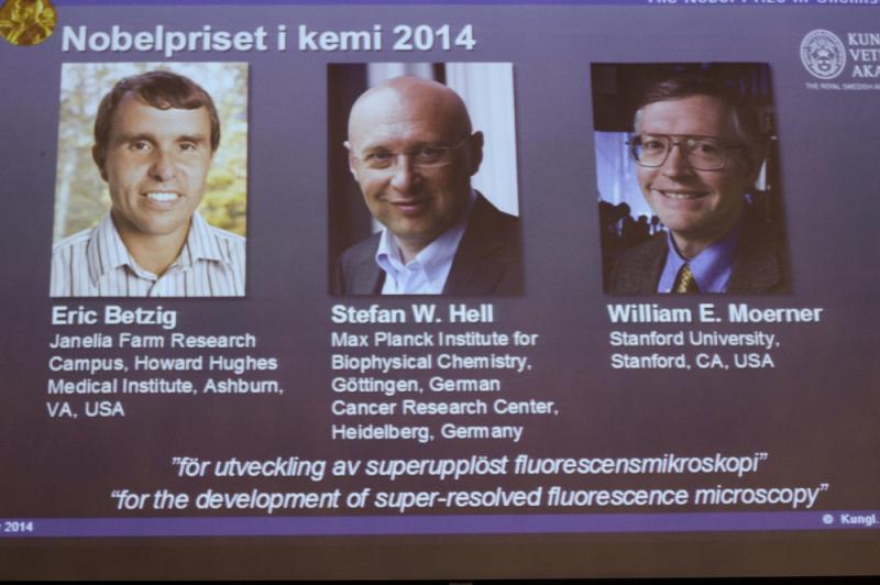 The three winners of the 2014 Nobel Prize for chemistry: Americans Eric Betzig and William Moerner, and German scientist Stefan Hell. The three winners of the 2014 Nobel Prize for chemistry: Americans Eric Betzig and William Moerner, and German scientist Stefan Hell.