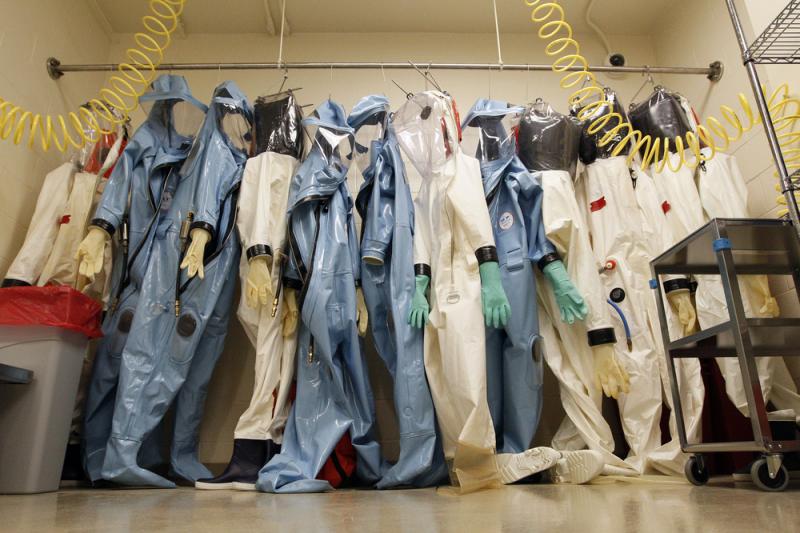 Biohazard suits used to handle dangerous microbes hang in a laboratory at the U.S. Army Medical Research Institute of Infectious Diseases in Fort Detrick, Md. Biohazard suits used to handle dangerous microbes hang in a laboratory at the U.S. Army Medical Research Institute of Infectious Diseases in Fort Detrick, Md.