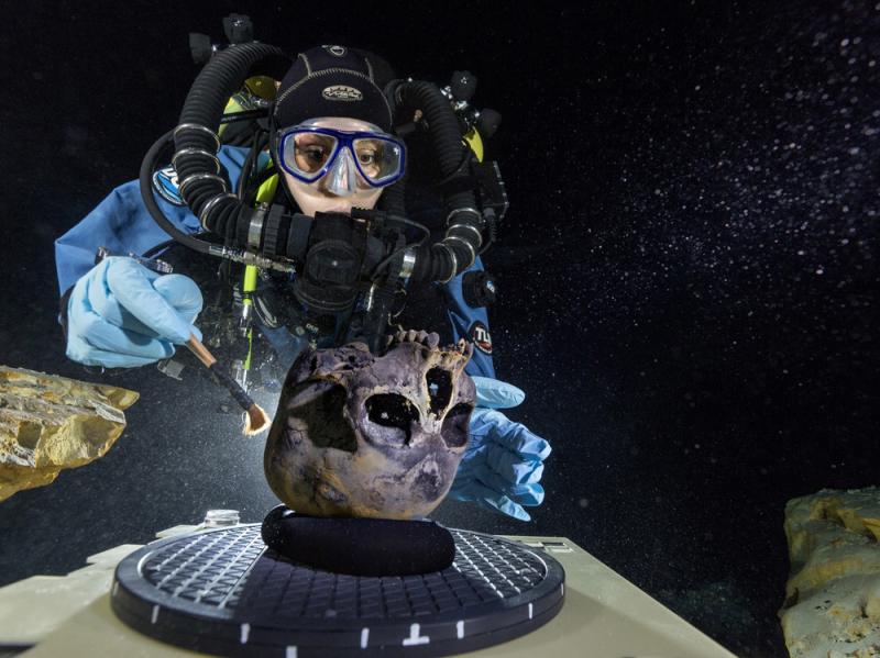In this June 2013 photo provided by National Geographic, diver Susan Bird, working at the bottom of Hoyo Negro, a large dome-shaped underwater cave in Mexico's Yucatan Peninsula, brushes the Naia skull found at the site. In this June 2013 photo provided by National Geographic, diver Susan Bird, working at the bottom of Hoyo Negro, a large dome-shaped underwater cave in Mexico's Yucatan Peninsula, brushes the Naia skull found at the site.