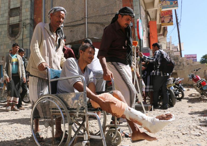Yemenis wounded in the civil war call for an end to a blockade that's been keeping medical supplies from reaching Taiz. Yemenis wounded in the civil war call for an end to a blockade that's been keeping medical supplies from reaching Taiz.