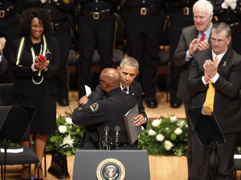 President Barack Obama hugs Dallas Police Chief David Brown during a memorial service for the police officers killed in Dallas last week. President Barack Obama hugs Dallas Police Chief David Brown during a memorial service for the police officers killed in Dallas last week.