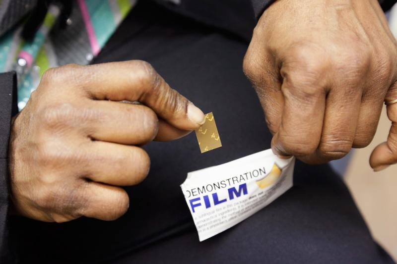 A demonstration dose of Suboxone film, which is placed under the tongue. It is used to treat opioid addiction. A demonstration dose of Suboxone film, which is placed under the tongue. It is used to treat opioid addiction.