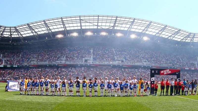 The U.S. women stand for the national anthem ahead of an international friendly with Mexico late last month before heading to France for the FIFA Women's World Cup, which kicks off today. The U.S. women stand for the national anthem ahead of an international friendly with Mexico late last month before heading to France for the FIFA Women's World Cup, which kicks off today.