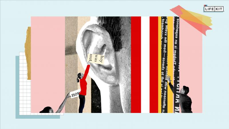 A collage image of people at a small scale putting cutouts of words into an ear that is much larger scale. The page has a pink background with red, white, yellow and black stripes, some with illegible text on them. A collage image of people at a small scale putting cutouts of words into an ear that is much larger scale. The page has a pink background with red, white, yellow and black stripes, some with illegible text on them.