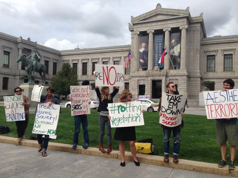 A small group of people rallied outside the Boston Museum of Fine Arts on Monday to protest that paintings by famous French Impressionist painter Pierre-Auguste Renoir are featured in the museum. A small group of people rallied outside the Boston Museum of Fine Arts on Monday to protest that paintings by famous French Impressionist painter Pierre-Auguste Renoir are featured in the museum.