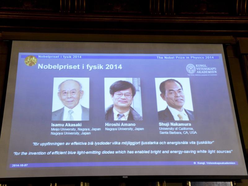 A screen shows the laureates of the Nobel Prize in physics at the Royal Swedish Academy of Sciences in Stockholm on Tuesday. A screen shows the laureates of the Nobel Prize in physics at the Royal Swedish Academy of Sciences in Stockholm on Tuesday.