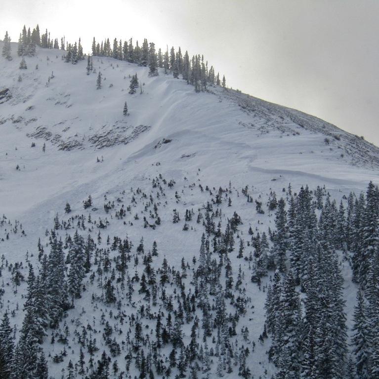 A skier was killed on Friday when he was buried in an avalanche in Colorado's Anthracite Range. The crown of the avalanche was on the right, below the rocky ridge. The debris washed through the trees below. A skier was killed on Friday when he was buried in an avalanche in Colorado's Anthracite Range. The crown of the avalanche was on the right, below the rocky ridge. The debris washed through the trees below.