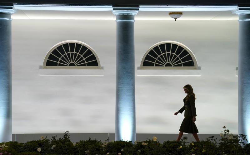 First lady Melania Trump arrives to speak to the Republican National Convention from the White House on Tuesday. She empathized with those struggling with the coronavirus in her remarks. First lady Melania Trump arrives to speak to the Republican National Convention from the White House on Tuesday. She empathized with those struggling with the coronavirus in her remarks.